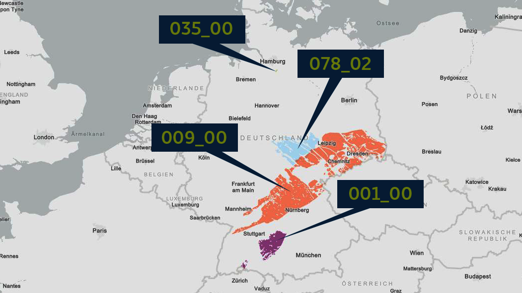 Deutschlandkarte mit vier eingezeichneten Gebieten. Link zur Seite "Fragen zu Gebieten zur Methodenentwicklung".