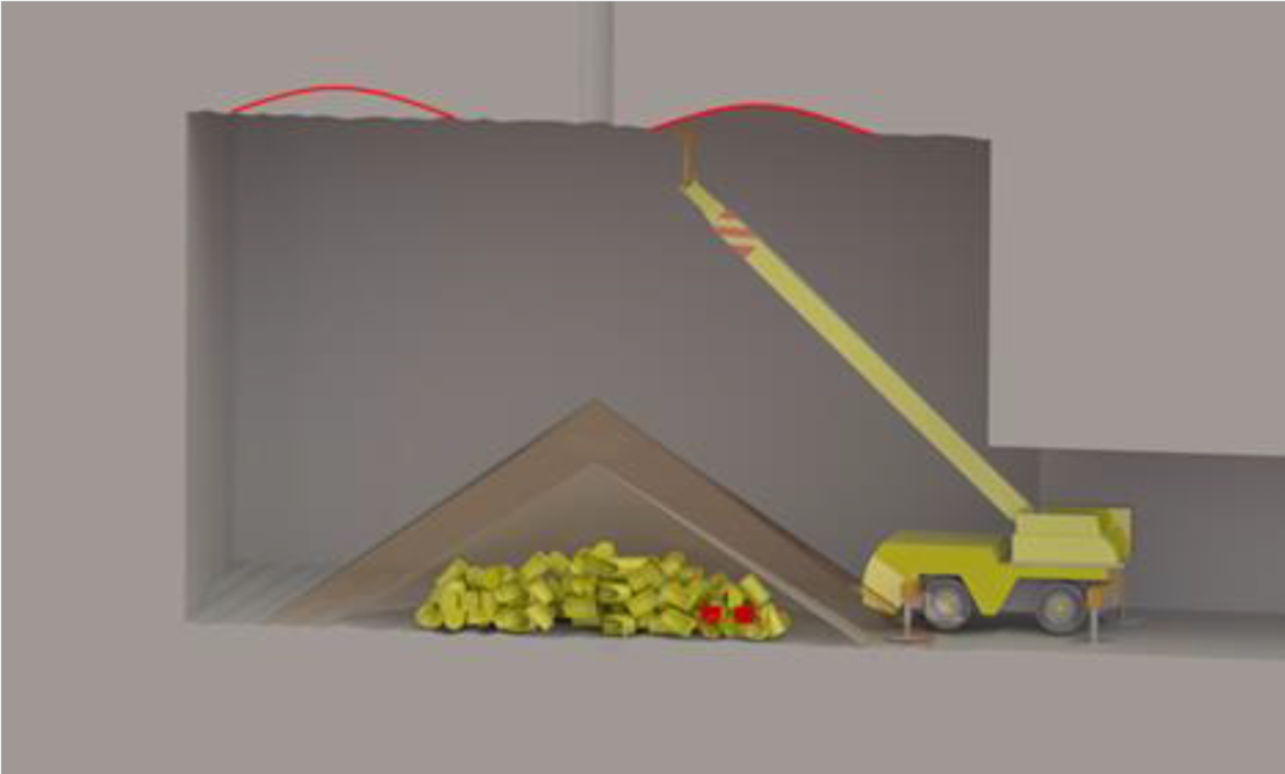 Grafik der Einlagerungskammer Acht - A in Fünfhundert- Meter-Tiefe. Entfernen loser Gesteinsbrocken an der Decke mit einer Maschine.