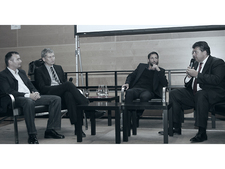 Die Gesprächssteilnehmer Dr. Detlev Möller, BfS-Präsident Wolfram König, Moderator Oliver Gehrs und Bundesumweltminister Sigmar Gabriel auf dem Podium