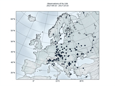 Die Karte zeigt Messstellen, an denen zwischen Ende September und Anfang Oktober 2017 Ruthenium-106 in der Luft nachgewiesen wurde