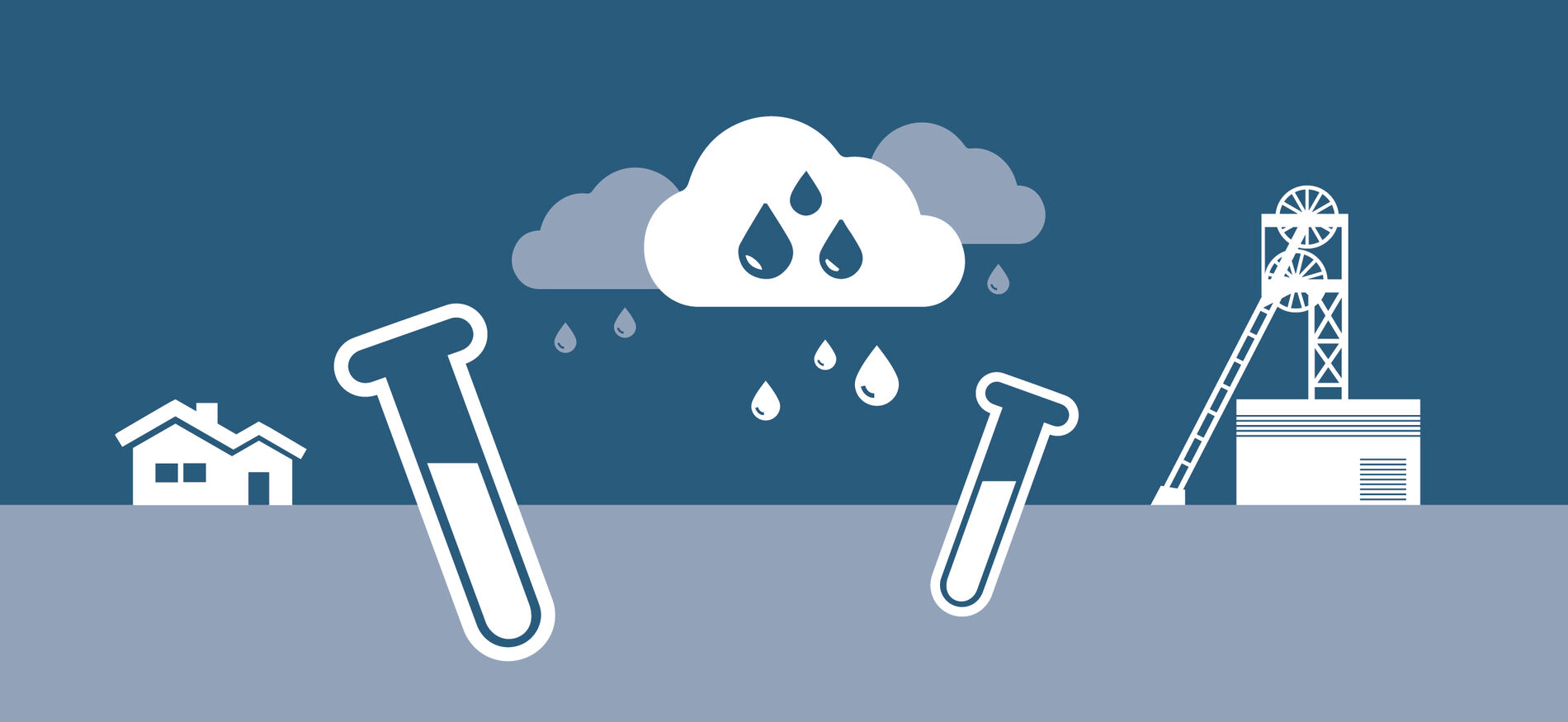 Die stilisierte Grafik zeigt Wolken, Regen und Reagenzgläser neben dem Piktogramm des Asse-Fördergerüsts.