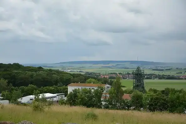Rechts im Bild ist der Förderturm der Schachtanlage Asse II zu sehen. Im Vordergrund sind Büsche und im Hintergrund weitere Gebäude der Schachtanlage zu sehen. 