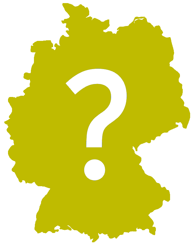 Icon: Grüne Deutschlandkarte mit einem Fragezeichen darauf als Symbol für die Suche nach einem Endlagerstandort für hochradioaktive Abfälle in Deutschland.