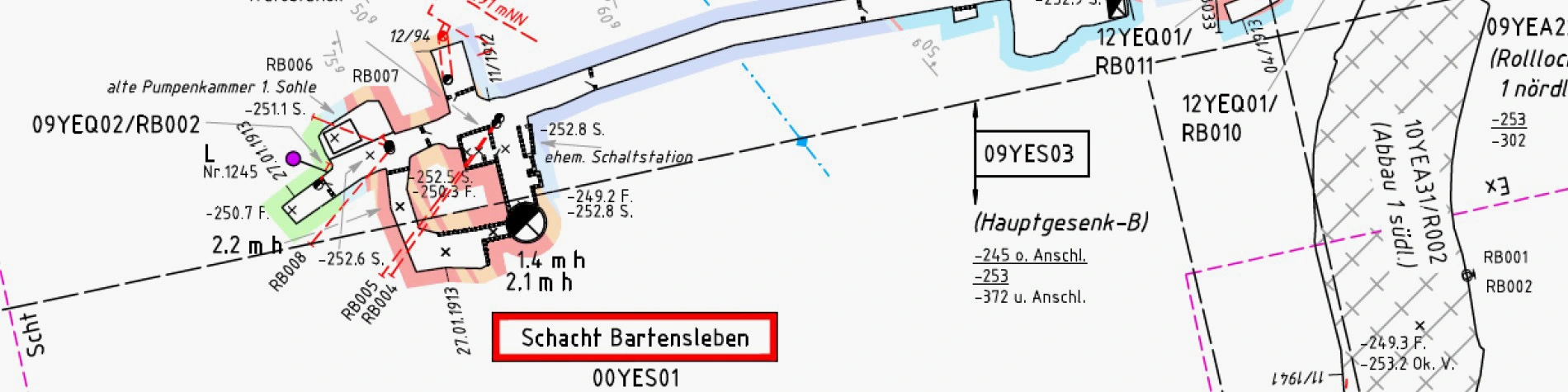 Einen Kartenausschnitt zeigt Abbaukammern und Strecken des Endlagerbergwerks