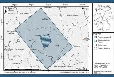 Map of the GeoMetEr research region in the south of Baden-Württemberg. The hatching shows the planned seismic region. The other research region is in Langenweißbach in Saxony.