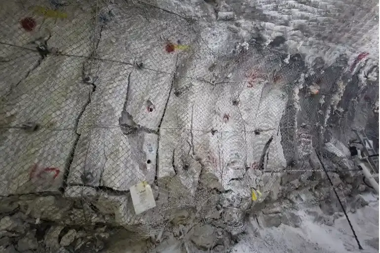 Das Bild zeigt eine Wand aus Salz. In der Wand befinden sich viele tiefe Risse. An der Wand ist ein Gitter aus Draht befestigt.