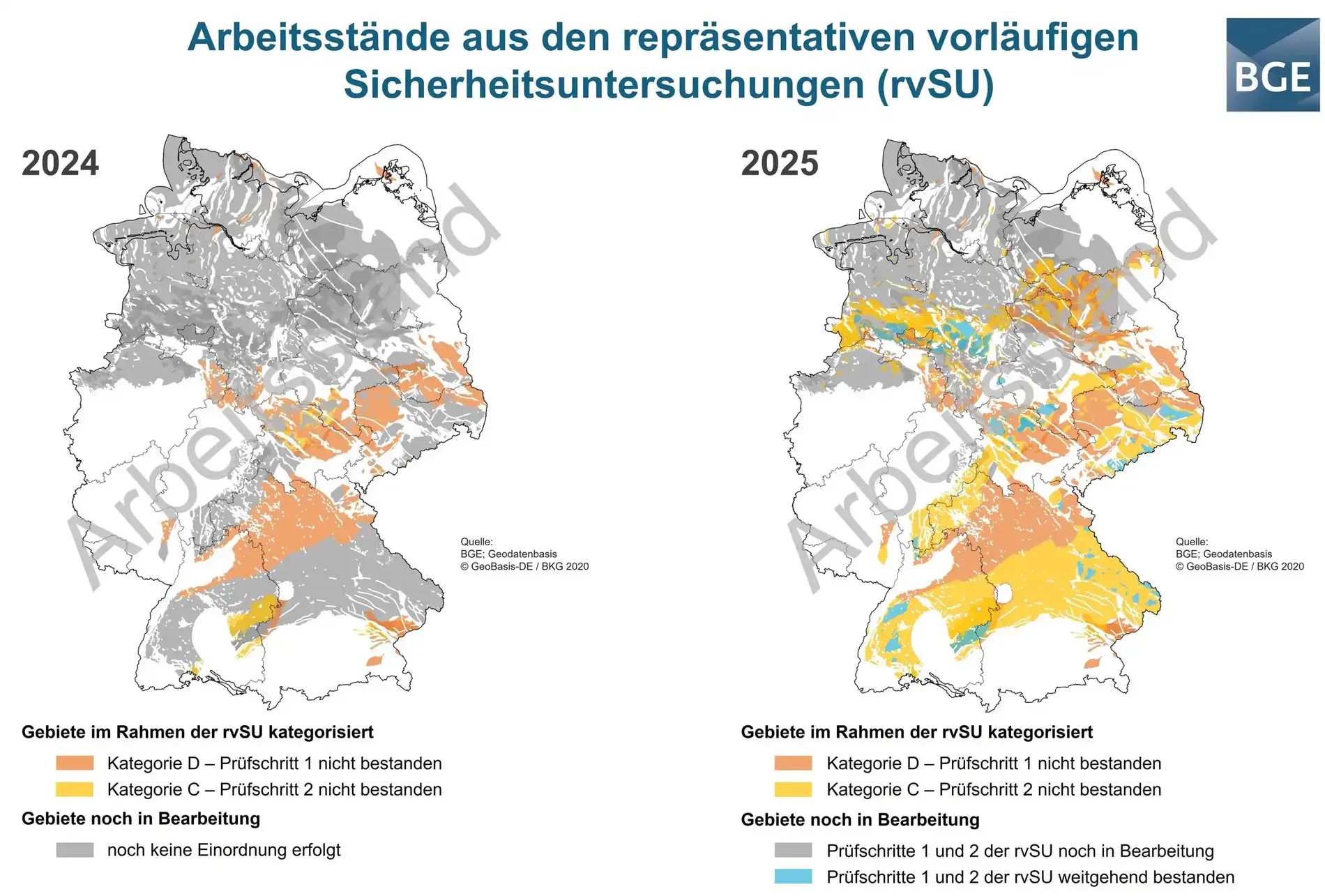 Zwei Deutschlandkarten stehen nebeneinander. Die linke ist mit der Jahreszahl 2024 versehen, die rechte mit der Jahreszahl 2025. In beiden Karten sind Flächen farbig hervorgehoben.