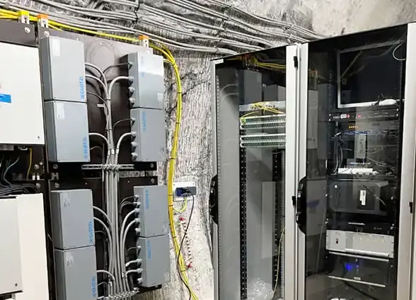 Foto von Verteilerkästen und Rack-Schränken unter Tage in einem Salzbergwerk.