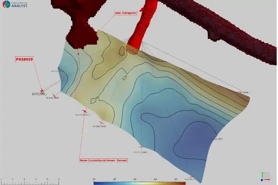 Das Bild zeigt eine schematische Draufsicht einer Abbaukammer im Bergwerk. Aus der oberen Mitte der Kammer gehen Farbverläufe von einem Braunton in blaue Bereiche in der unten linken und unteren rechten Ecke über. Die Übergangsbereiche sind zusätzlich durch dünne, schwarze Linien gekennzeichnet. Braune und rote Streckenbereiche grenzen als röhrenartige Abbildungen im linken, oberen Bereich an den Abbau. Am unteren Rand des Bildes sind technische Skalen abgebildet.