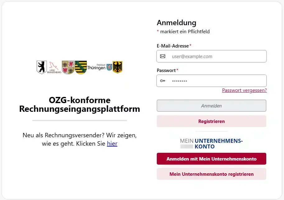 Screenshot, der den Anmeldebildschirm zur XRechnung in einem Internet-Browser zeigt.