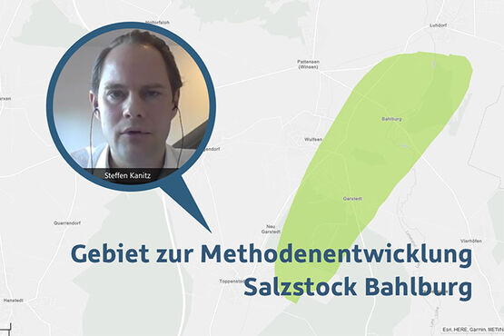 Karte mit grün eingefärbtem Bereich, der den Salzstock Bahlburg markiert, daneben ein Bild von BGE-Geschäftsführer Steffen Kanitz