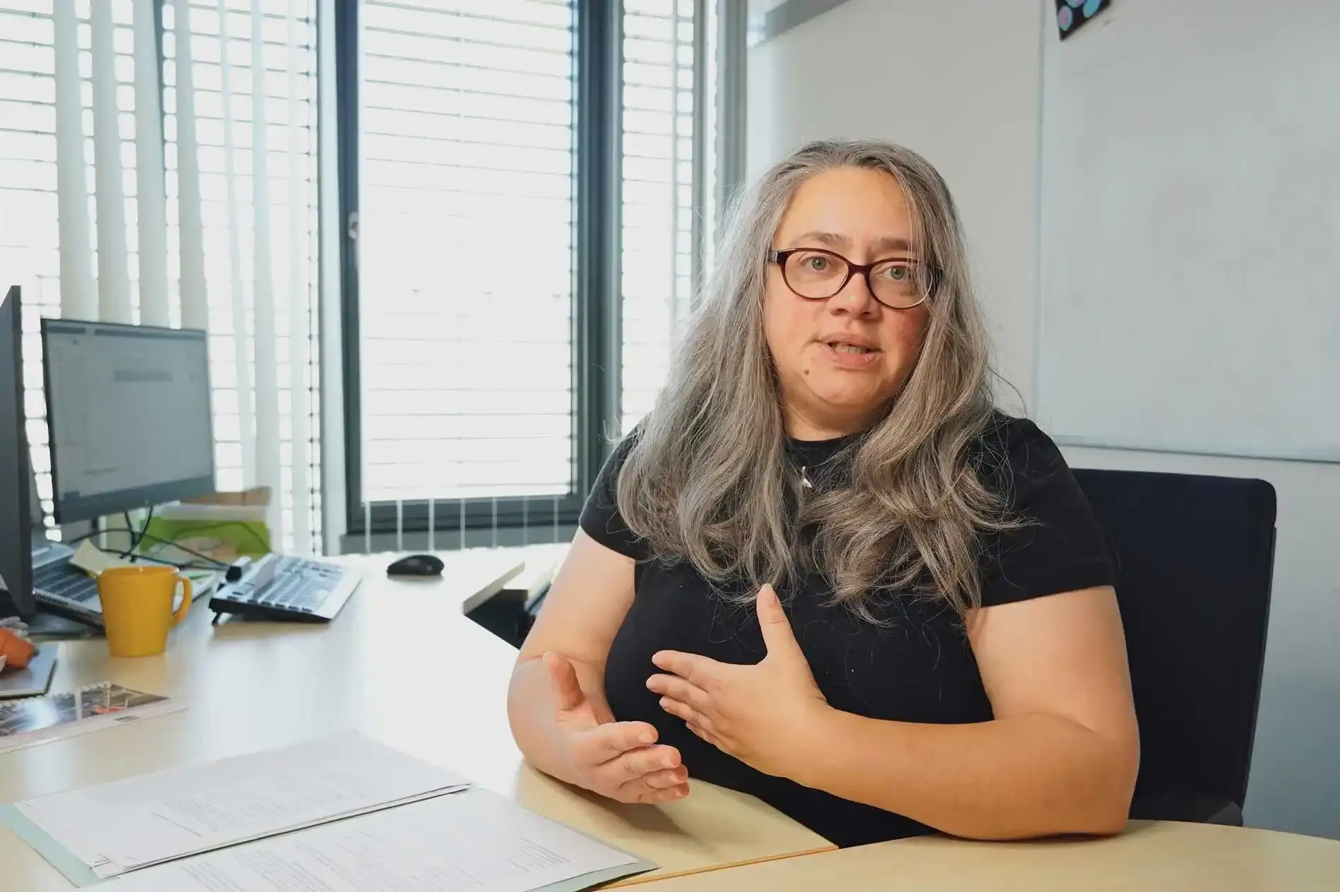 Eine Frau mit langen grauen Haaren und Brille sitzt hinter einem Schreibtisch. Ihre Hände gestikulieren. 