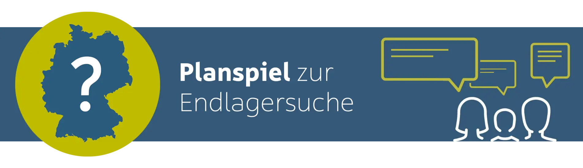 Deutschlandkarte mit Fragezeichen in der Mitte, daneben der Schriftzug "Planspiel zur Endlagersuche"