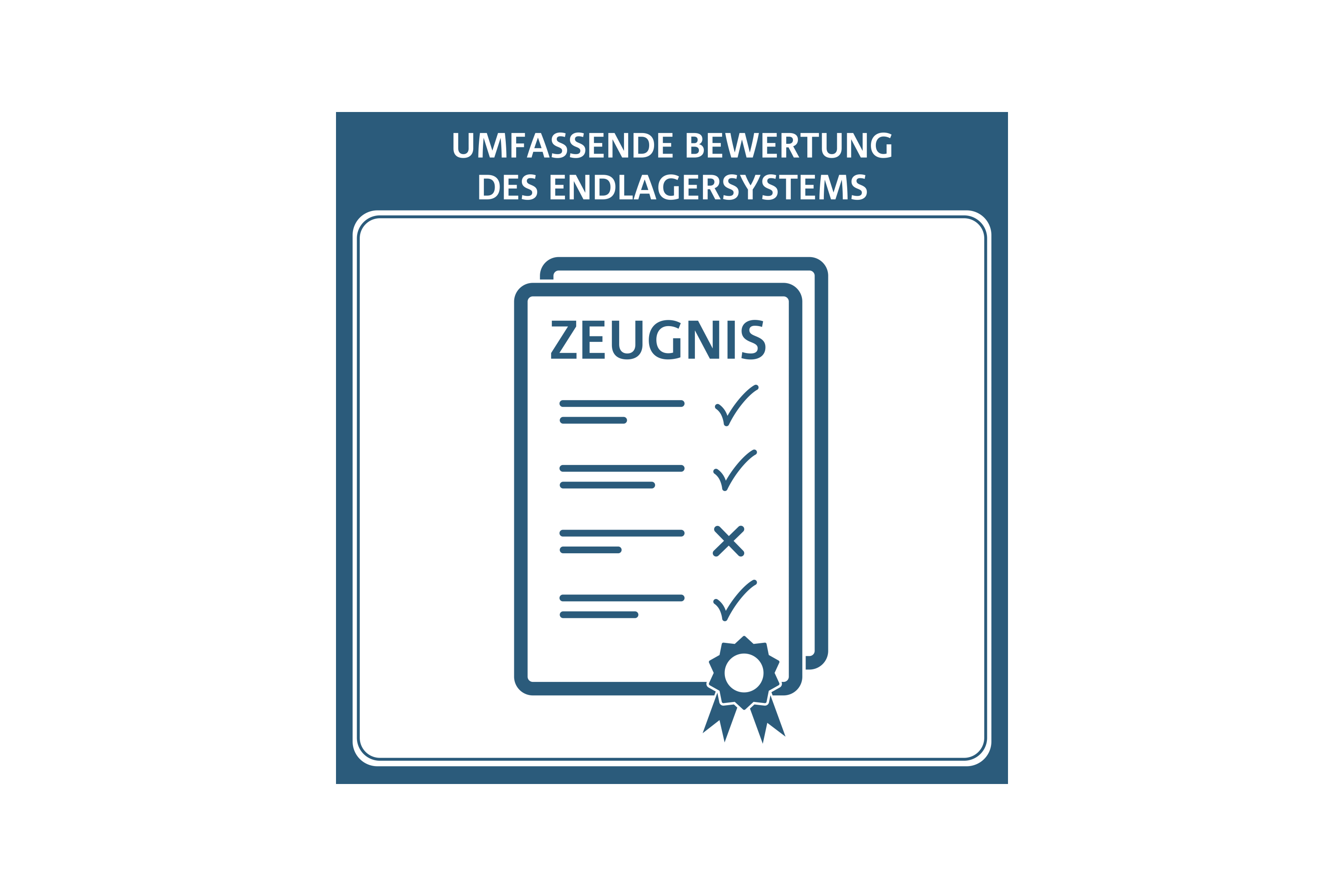 Schematische Darstellung eines Zeugnisses mit einem Siegel. Auf dem Zeugnis sind Häkchen und Kreuzchen zu sehen. Das Zeugnis symbolisiert die umfassende Bewertung des Endlagersystems.