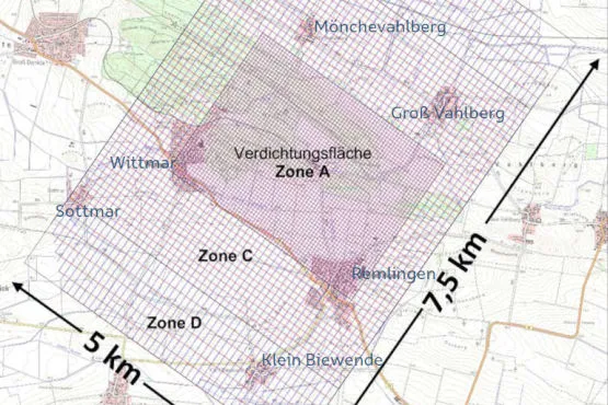 Das Messnetz der 3D-Seismik 3D-Seismik: Grafische Darstellung des Messnetzes im Gelände um die Schachtanlage Asse herum.