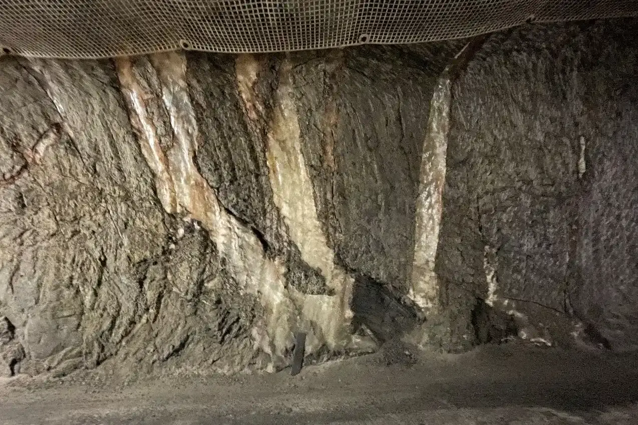 Foto einer Wand unter Tage in einem Bergwerk. Es zeigt dunkles Gestein (Anhydrit), der von hellem Gestein (Salz) durchzogen ist.