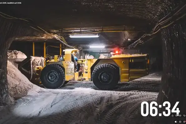 Ein gelber Radlader füllt in einem Bergwerk seine Schaufel mit losem Salz.