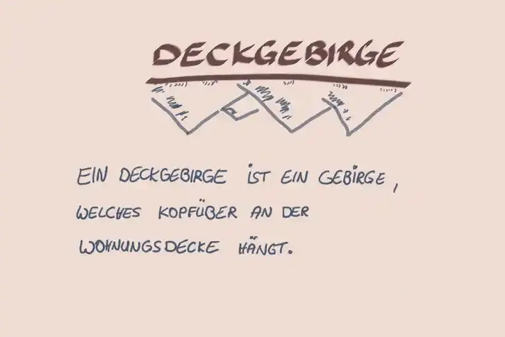 Handschriftliche Notiz, auf der steht: "Deckgebirge - Ein Deckgebirge ist ein Gebirge, welches kopfüber an der Wohnungsdecke hängt"
