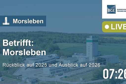 Ein Screenshot der Online-Veranstaltung „Betrifft: Morsleben“ zeigt ein weißes Industriegebäude in einer Landschaft mit grünen Wäldern und Felder.