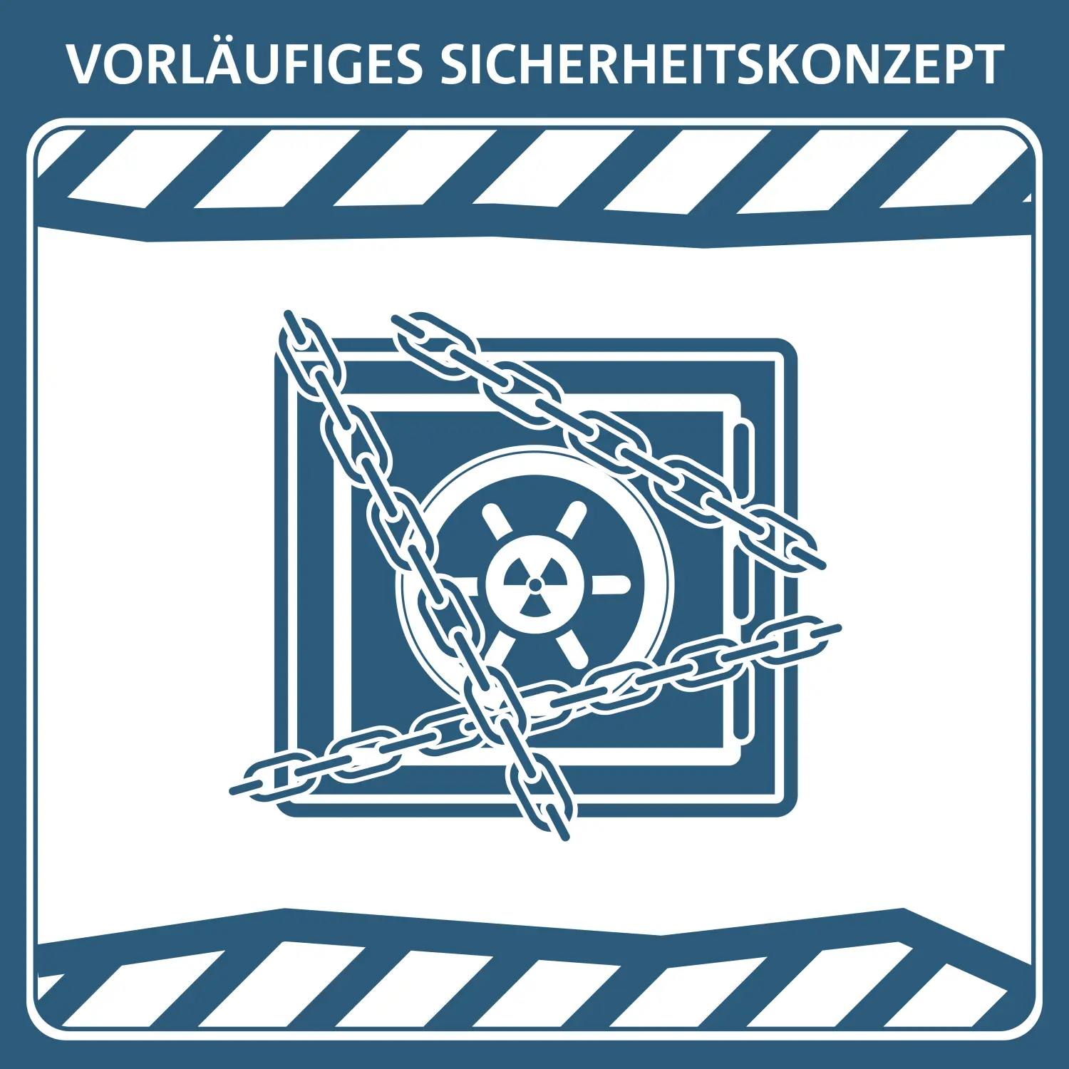 Schematische Darstellung eines Tresors, der zusätzlich mit dicken Ketten verschlossen ist. Darunter und darüber ist Gestein dargestellt. Auf dem Tresor ist das Zeichen für Radioaktivität. Die Darstellung steht für das Sicherheitskonzept, das dafür sorgen soll, die hochradioaktiven Abfälle im Endlager durch mehrere Barrieren sicher zu verschließen.
