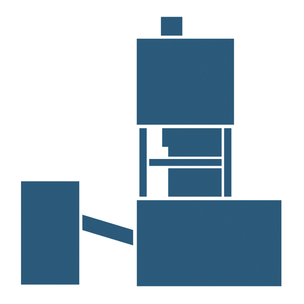 Grafisches, blaues Symbol, welches den Förderturm des Bergwerks Gorleben in schematisierter Form darstellt.