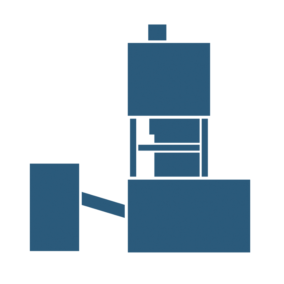 Grafisches, blaues Symbol, welches den Förderturm des Bergwerks Gorleben in schematisierter Form darstellt.