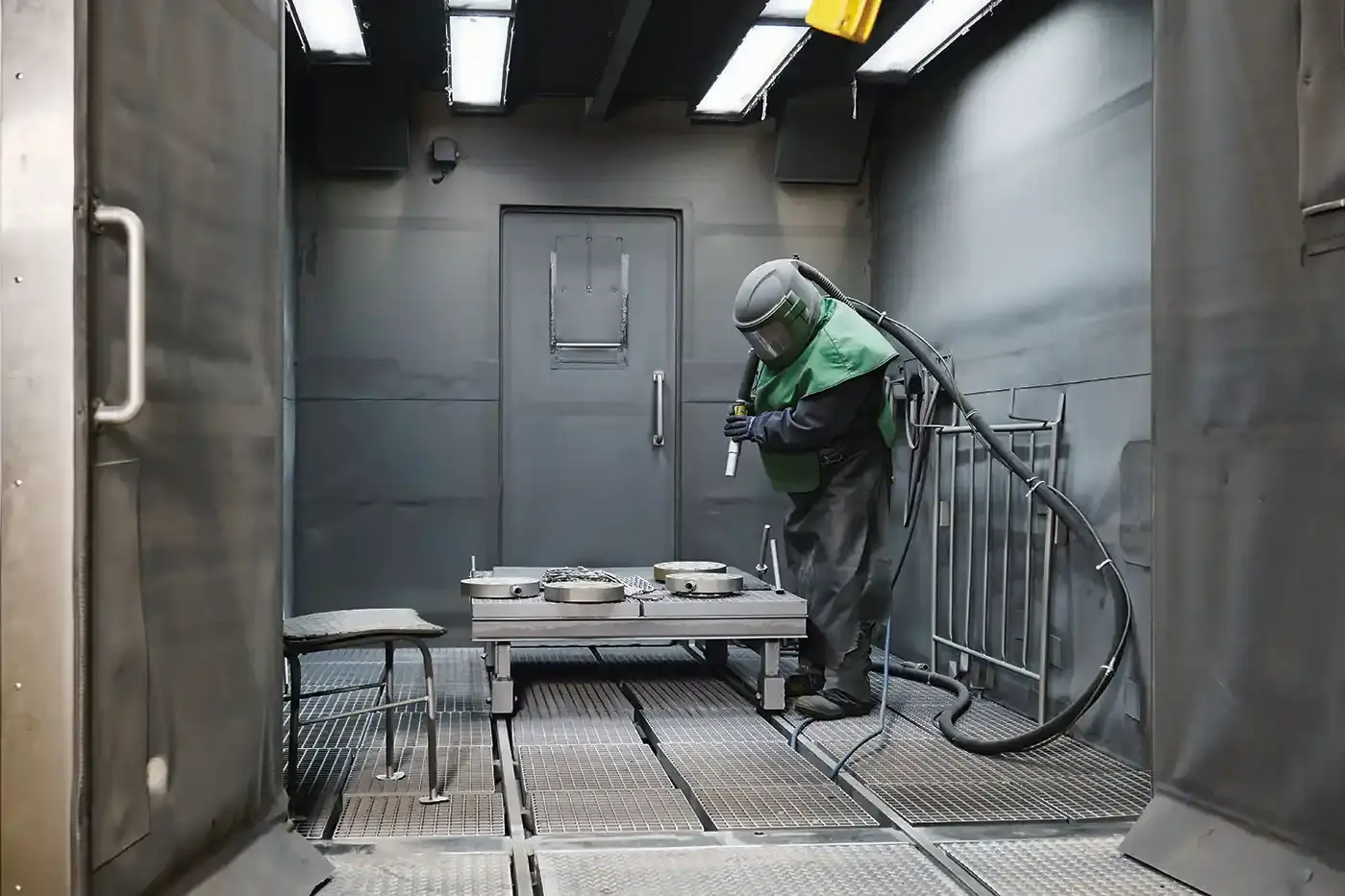 Person in Schutzanzug und Helm arbeitet mit Sandstrahlgerät in einer geschlossenen Metallkabine.