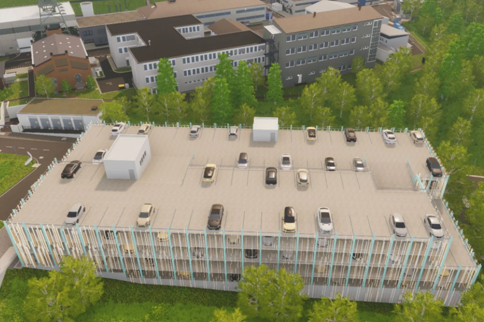 Das Bild zeigt virtuelles 3D-Modell eines mehrstöckigen Parkhauses. Auf und in dem Parkhaus parken Autos. Umgeben ist das Gebäude von grünen Bäumen. Im Hintergrund stehen Gebäude.  