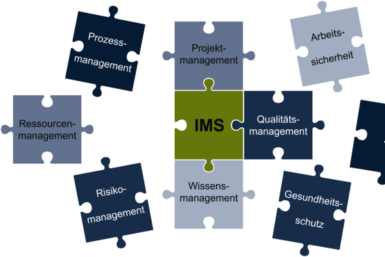 Grafische Darstellung von blauen und grünen Puzzleteilen auf grauem Hintergrund, die teilweise ineinandergreifen. Die Puzzleteile tragen Aufschriften wie „Gesundheitsschutz“ und Projektmanagement. Das zentrale Puzzlestück trägt die Aufschrift „IMS“.