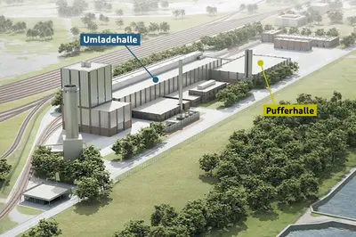 Rendered image of the future transfer hall and buffer hall