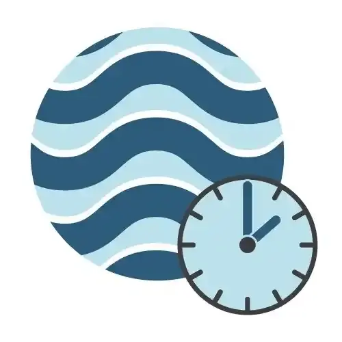 Schematische Darstellung von verschiedenfarbigen Wasserschichten und einer Uhr als Symbol für ein junges Grundwasseralter, was ein Ausschlusskriterium bei der Suche nach einem Endlagerstandort ist.