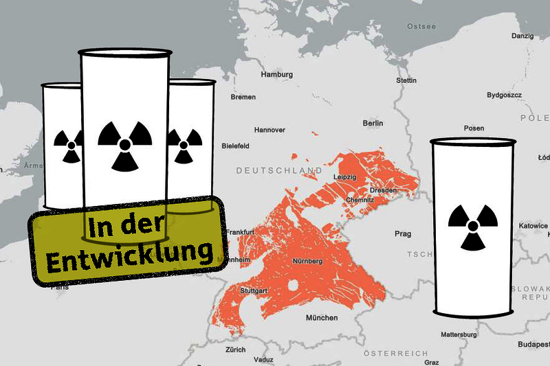 Deutschlandkarte mit markierten Teilgebieten, in denen Kristallingestein vorhanden ist. Links und rechts davon sind stilisierte Endlagerbehälter. 