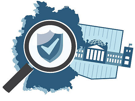 Graphic of a magnifying glass over map of Germany. To the right of it is the Bundestag building