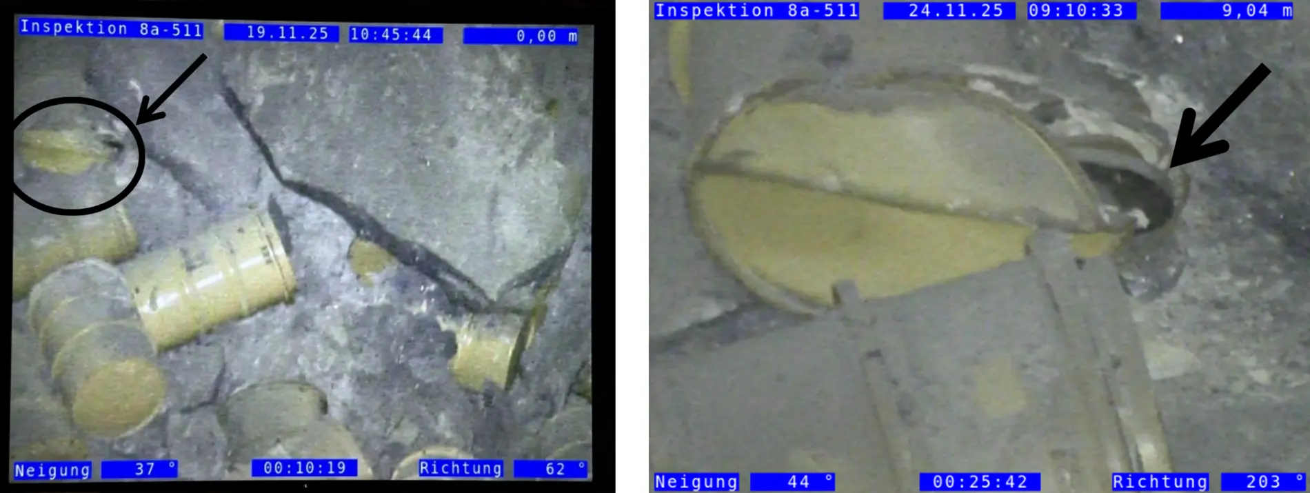 Collage zweier Fotos: Auf dem linken Foto befindet sich ein Haufen gelber Fässer in einem Bergwerk. Ein schwarzer Kreis und ein schwarzer Pfeil weisen auf ein deformiertes Fass hin. Das Foto rechts zeigt das deformierte gelbe Fass in einer Nahaufnahme. Es zeigt, dass sich der Fassboden gelöst hat. Auf beiden Fotos befinden sich technische Angaben in weißer Schrift auf blauem Grund.