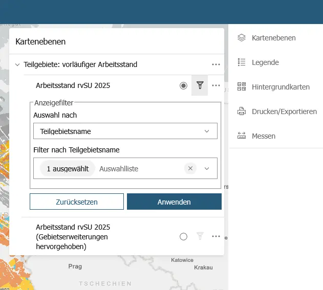 Screenshots der Kartenebenen im Endlagersuche Navigator. Zu sehen ist eine Auflistung von Teilgebieten mit ihren jeweiligen Identifikationsnummern.  