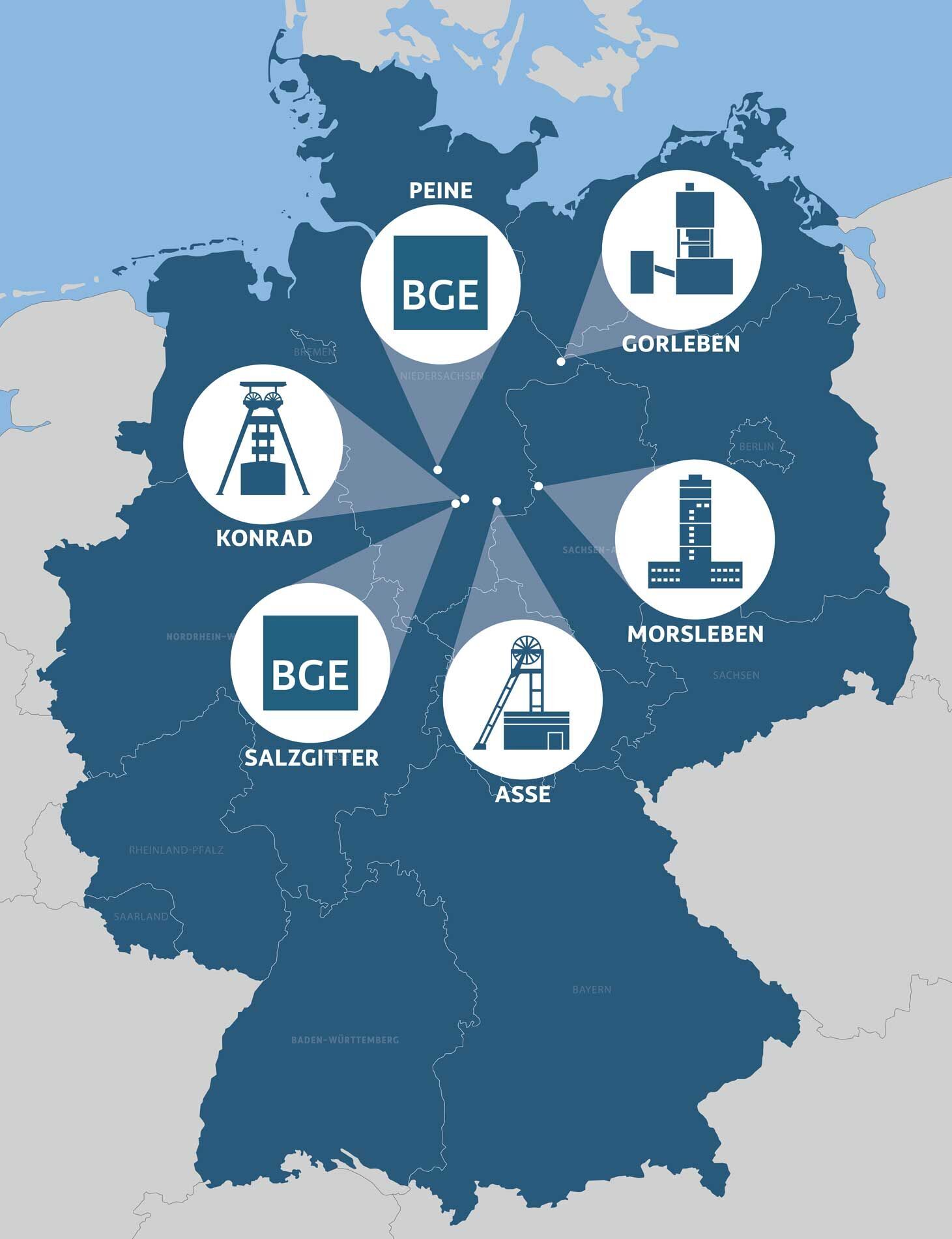 Deutschlandkarte mit den Standorten der BGE