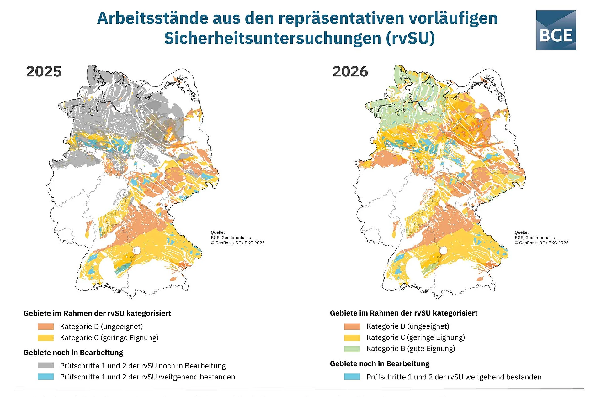 Unter der Überschrift "Arbeitsstände aus den repräsentativen vorläufigen Sicherheitsuntersuchungen (rvSU)" stehen nebeneinander zwei Deutschlandkarten mit verschiedenfarbig eingefärbten Flächen. 