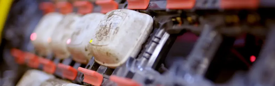 Weiße, rechteckige Geophone in einer Ladestation.