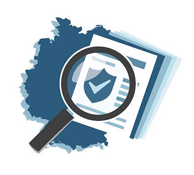 Preliminary safety analyses are carried out fot the first time in Phase I Step 2 Graphic: Map of Germany, in front of it a magnifying glass above a symbol for security