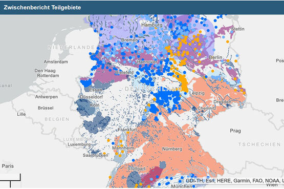 Bild der interaktiven Karte zeigt eine Karte, auf der Deutschland mit farbigen Markierungen zu sehen ist