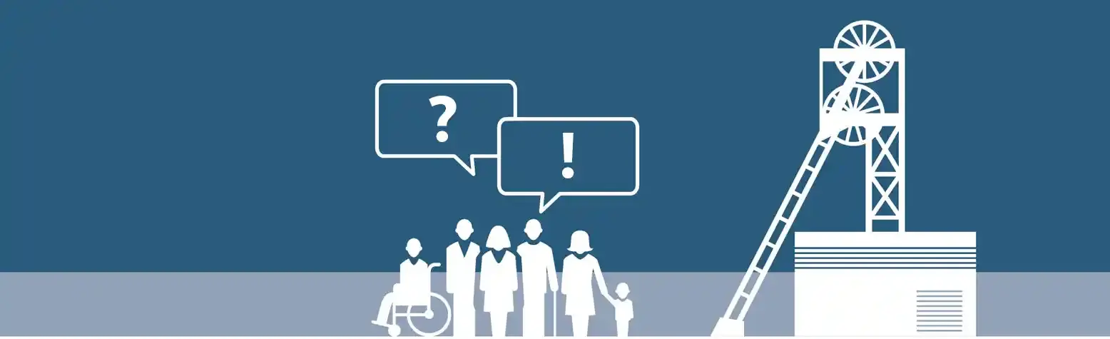 Die Illustration zeigt Piktogramme verschiedener Menschen, darüber befinden sich zwei Sprechblasen mit Frage- und Ausrufezeichen. An der Seite ist das Piktogramm des Asse-Fördergerüsts zu sehen.