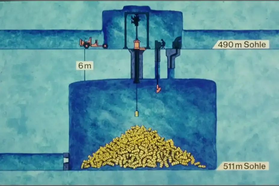 Das Bild zeigt eine Grafik aus der Einlagerungszeit mit dem Querschnitt einer großen Abbaukammer mit vielen gelben Fässern, die aus einer kleinen Kammer darüber durch die Decke abgesenkt und ausgeklinkt worden sind, so dass sie nun kegelförmig aufeinander liegen. Die gesamte Grafik ist in Blautönen gehalten. 