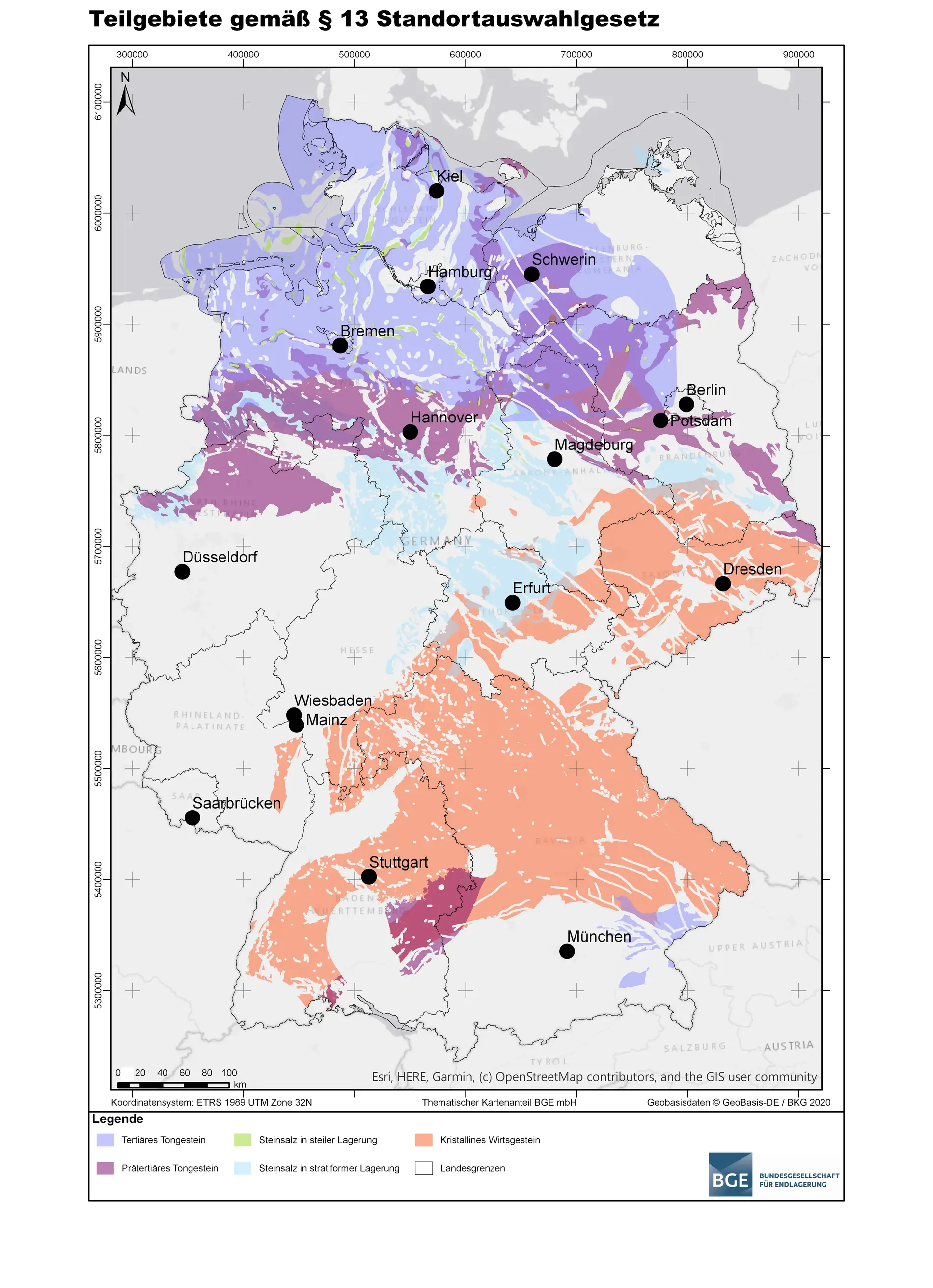 Eine Deutschlandkarte, auf der die Teilgebiete gemäß § 13 Standortauswahlgesetz farbig eingezeichnet sind. In unterschiedlichen Farben sind die Wirtsgesteine Tongestein, Steinsalz und Kristallines Wirtsgestein eingezeichnet.