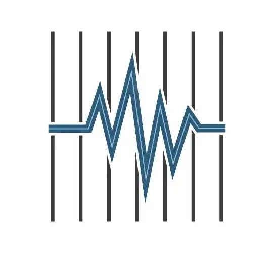 Schematische Darstellung seismographischer Messungen als auf- und absteigender Graph auf Hilfslinien. Dies ist ein Symbol für das Ausschlusskriterium des Vorhandenseins einer Erdbebenzone größer 1.