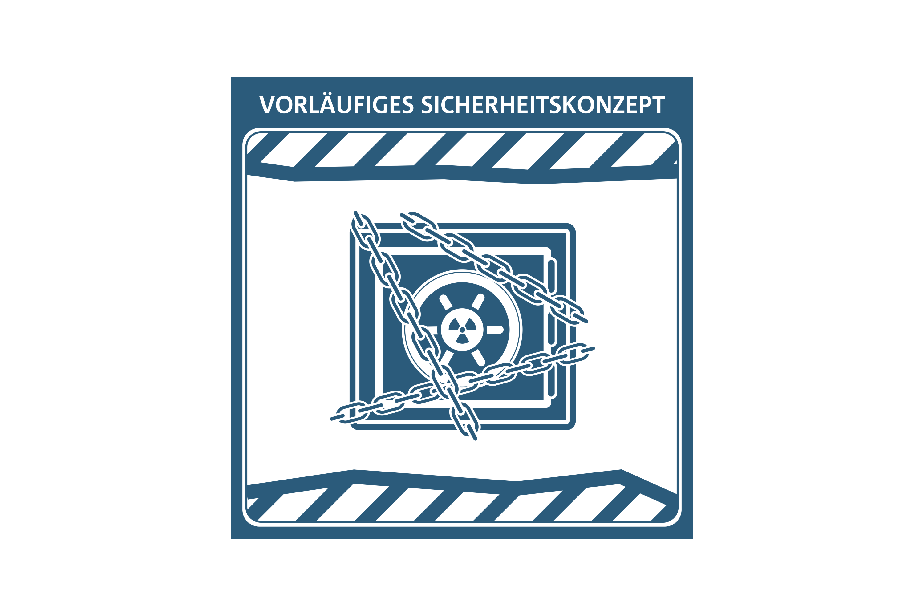 Schematische Darstellung eines Tresors, der zusätzlich mit dicken Ketten verschlossen ist. Darunter und darüber ist Gestein dargestellt. Auf dem Tresor ist das Zeichen für Radioaktivität. Die Darstellung steht für das Sicherheitskonzept, das dafür sorgen soll, die hochradioaktiven Abfälle im Endlager durch mehrere Barrieren sicher zu verschließen.