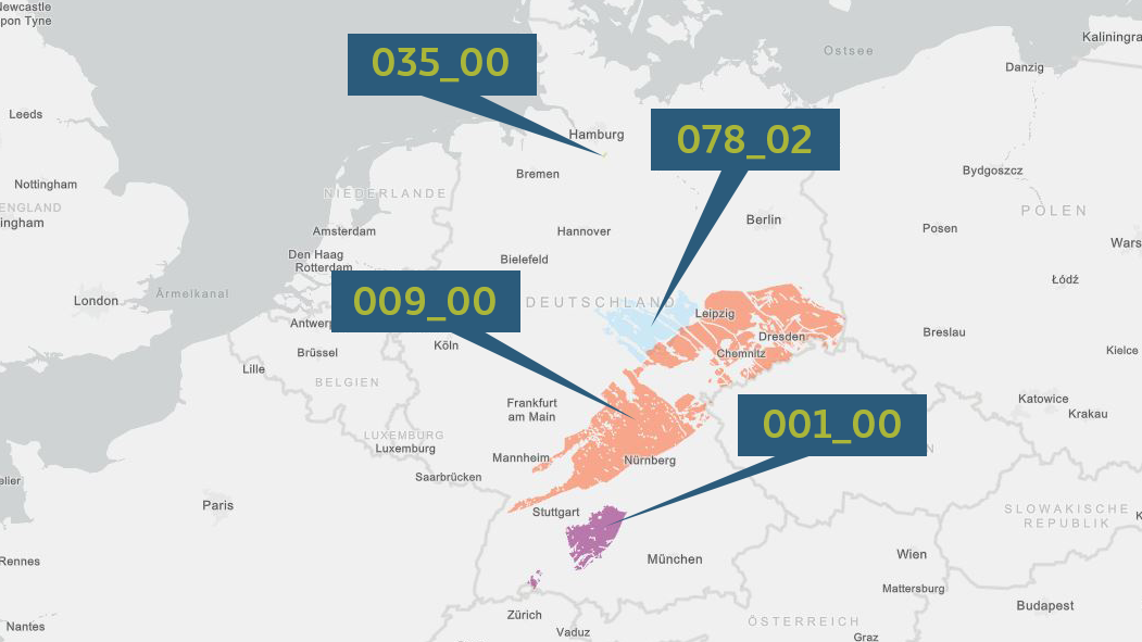 Deutschlandkarte mit vier eingezeichneten Gebieten. Link zur Seite "Fragen zu Gebieten zur Methodenentwicklung".