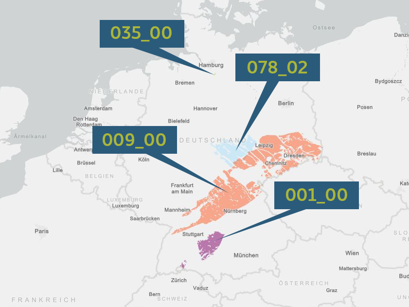 Deutschlandkarte mit vier Gebieten zur Methodenentwicklung Deutschlandkarte, in der vier Gebiete zur Methodenentwicklung markiert sind.