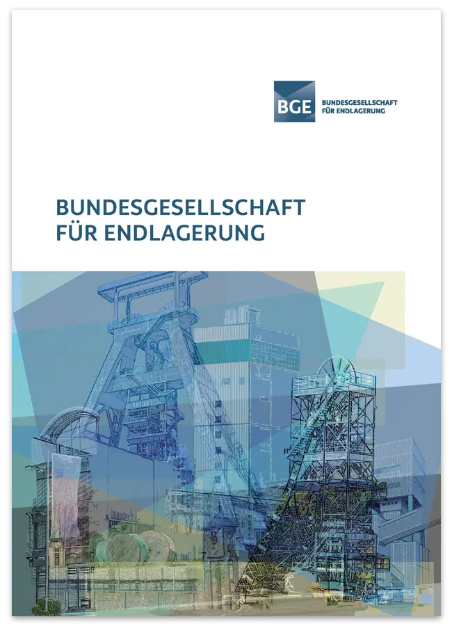 Titelseite der Broschüre "Bundesgesellschaft für Endlagerung". Darauf zu sehen: Verschiedene stilisierte Fördertürme von Bergwerken