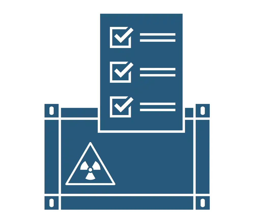 Grafisches, blaues Symbol, das eine schematisierte Checkliste und darunter einen Container mit Symbol für Radioaktivität zeigt.