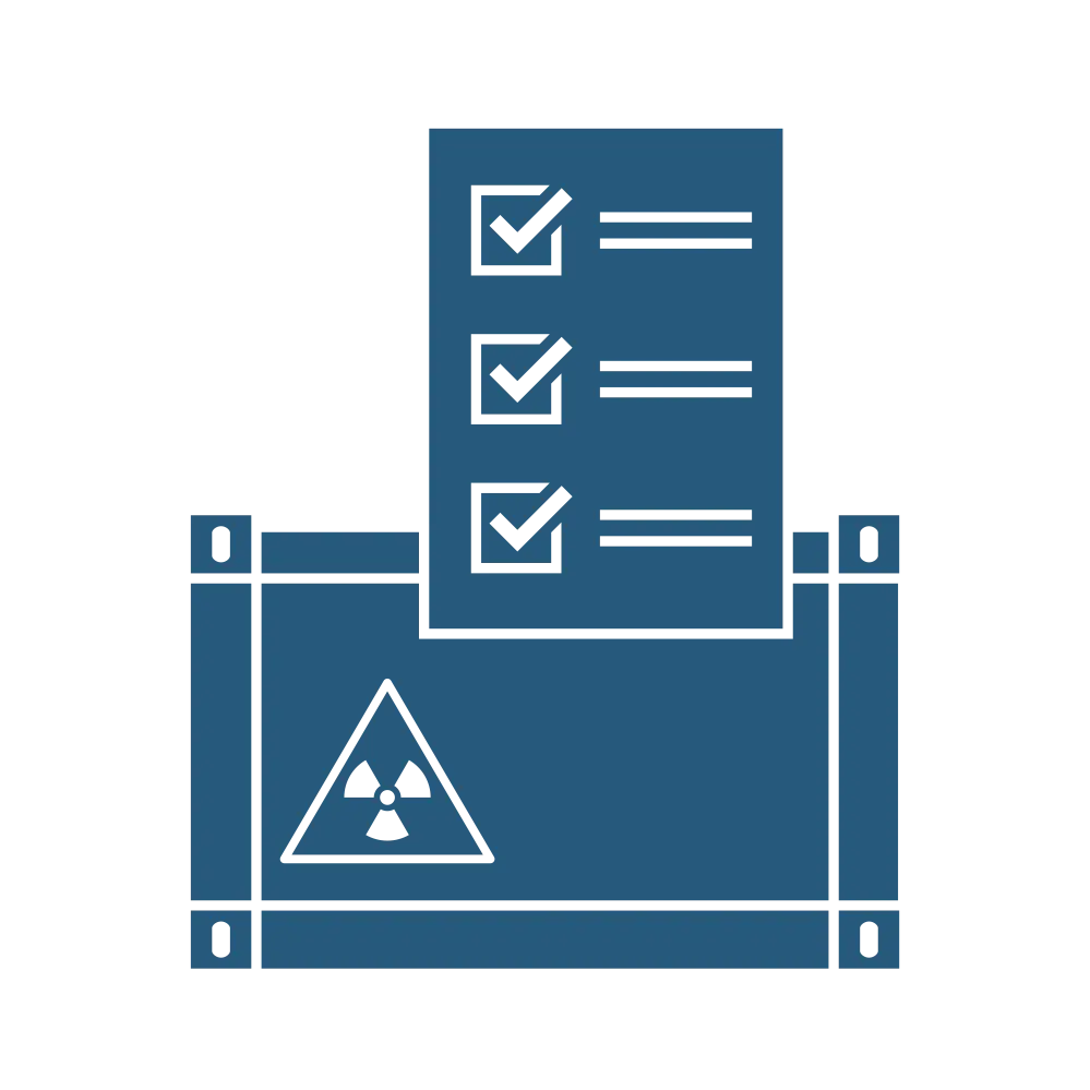 Grafisches, blaues Symbol, das eine schematisierte Checkliste und darunter einen Container mit Symbol für Radioaktivität zeigt.